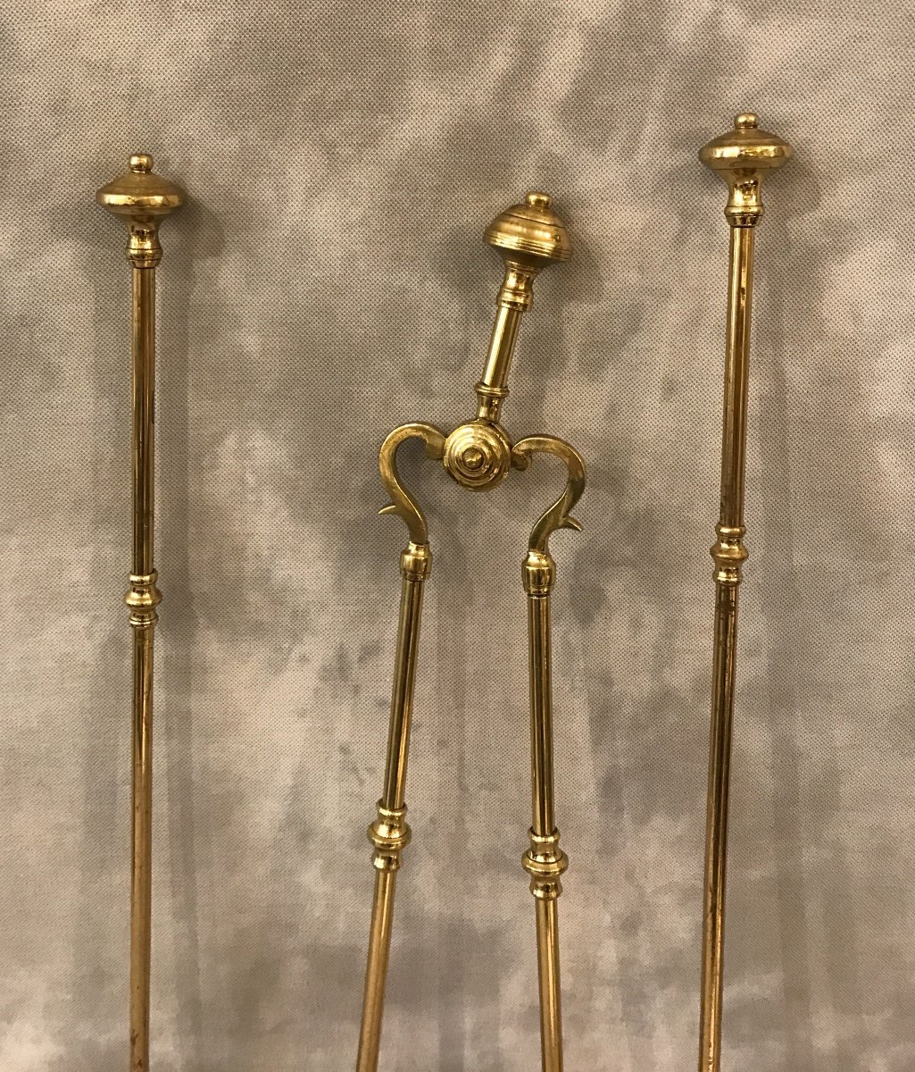 English Brass 3 Piece Fireplace Set Circa 1900-photo-1