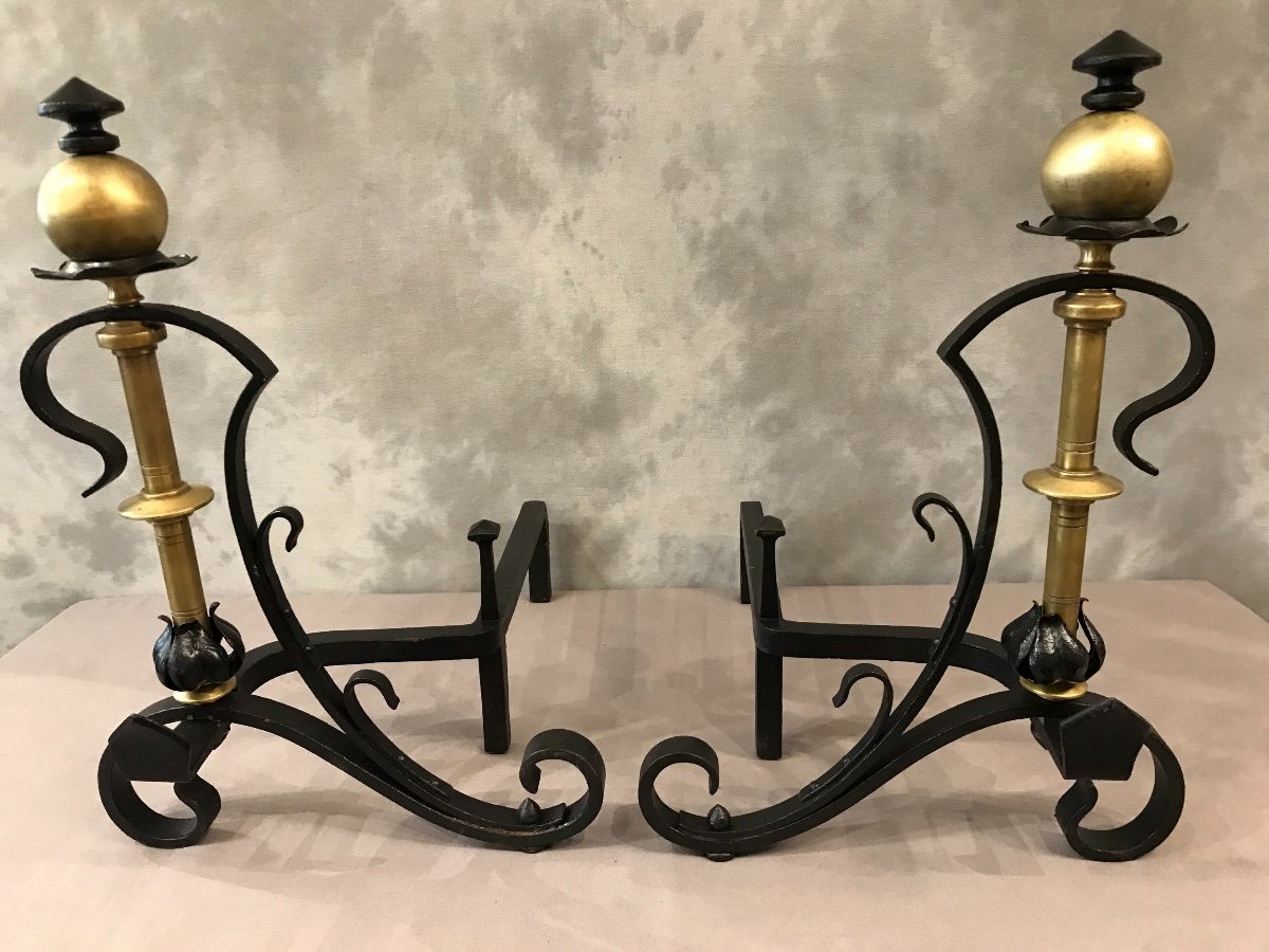 Andirons In Iron And Old Brass Around 1920-photo-1