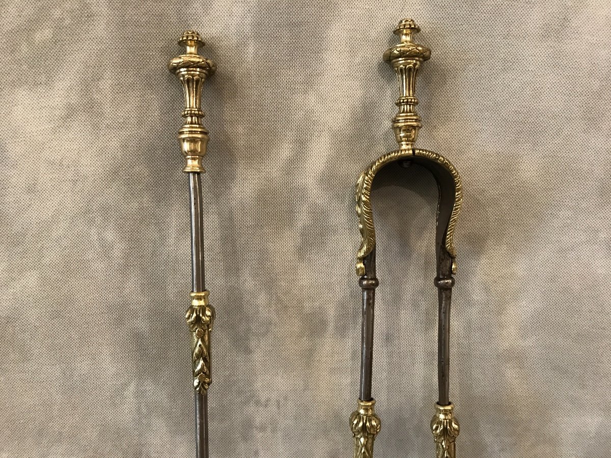 Ensemble D’une Pelle Et D’une Pince En Fer Et Bronze De Style Louis XVI D’époque 19 ème-photo-2