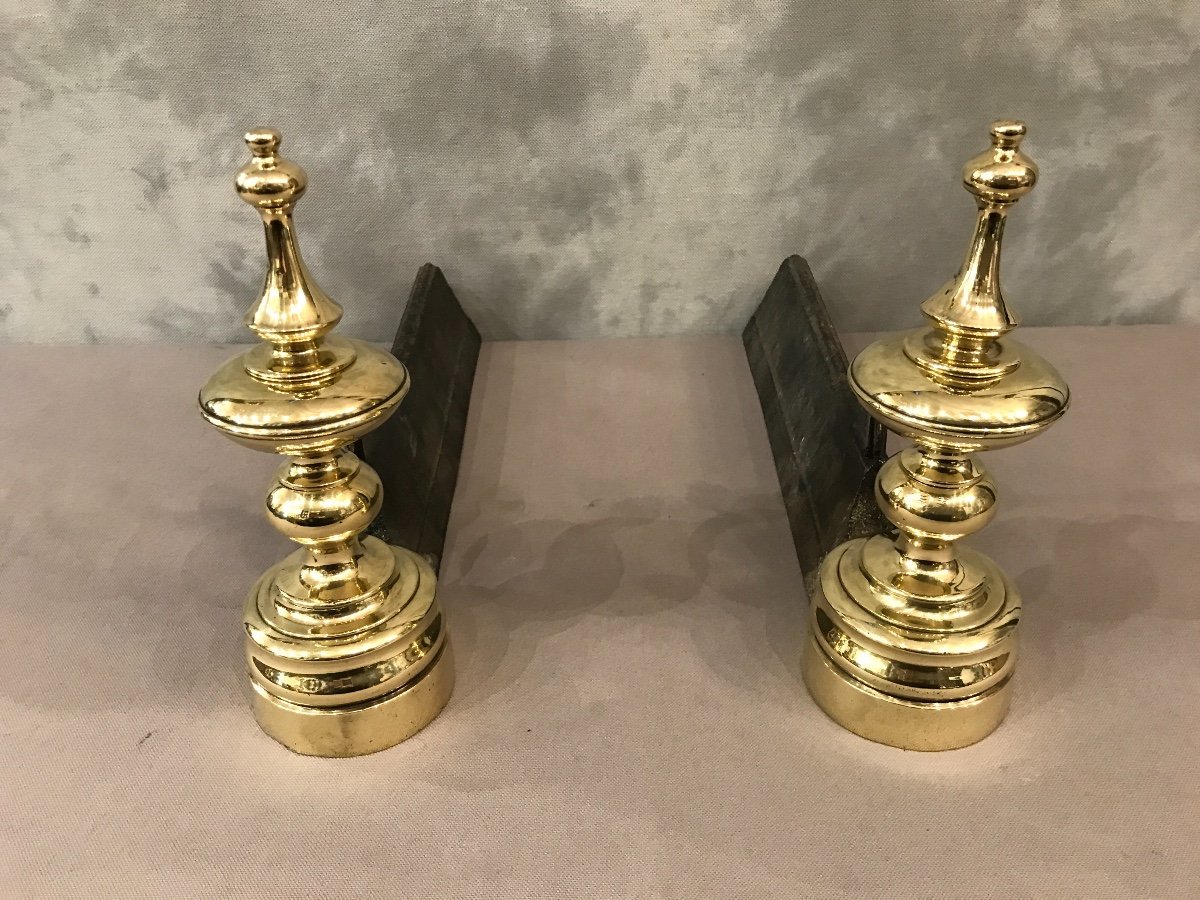 Pair Of Old Andirons In Brass And Cast Iron 19th Time