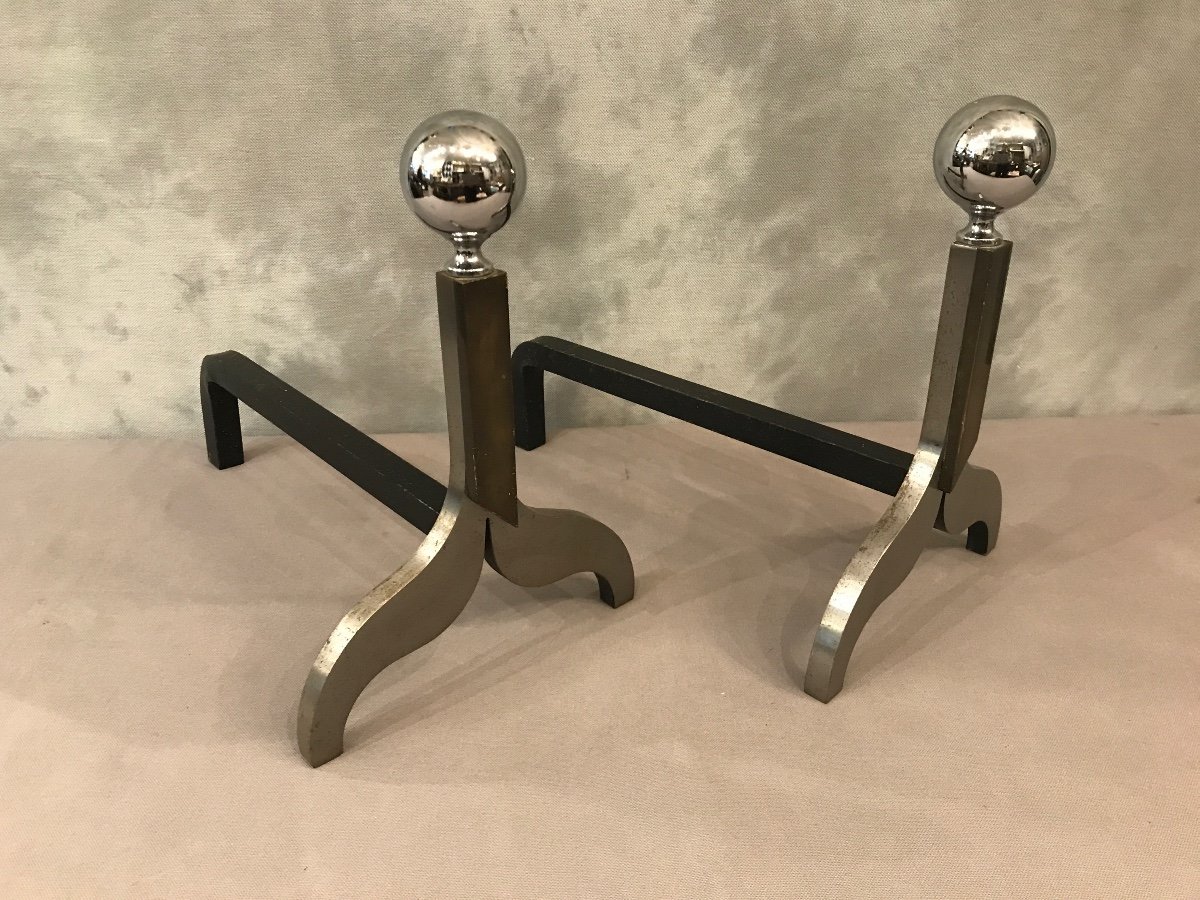 Pair Of Modernist Andirons In Chromed Metal And Bronze Circa 1970-photo-4