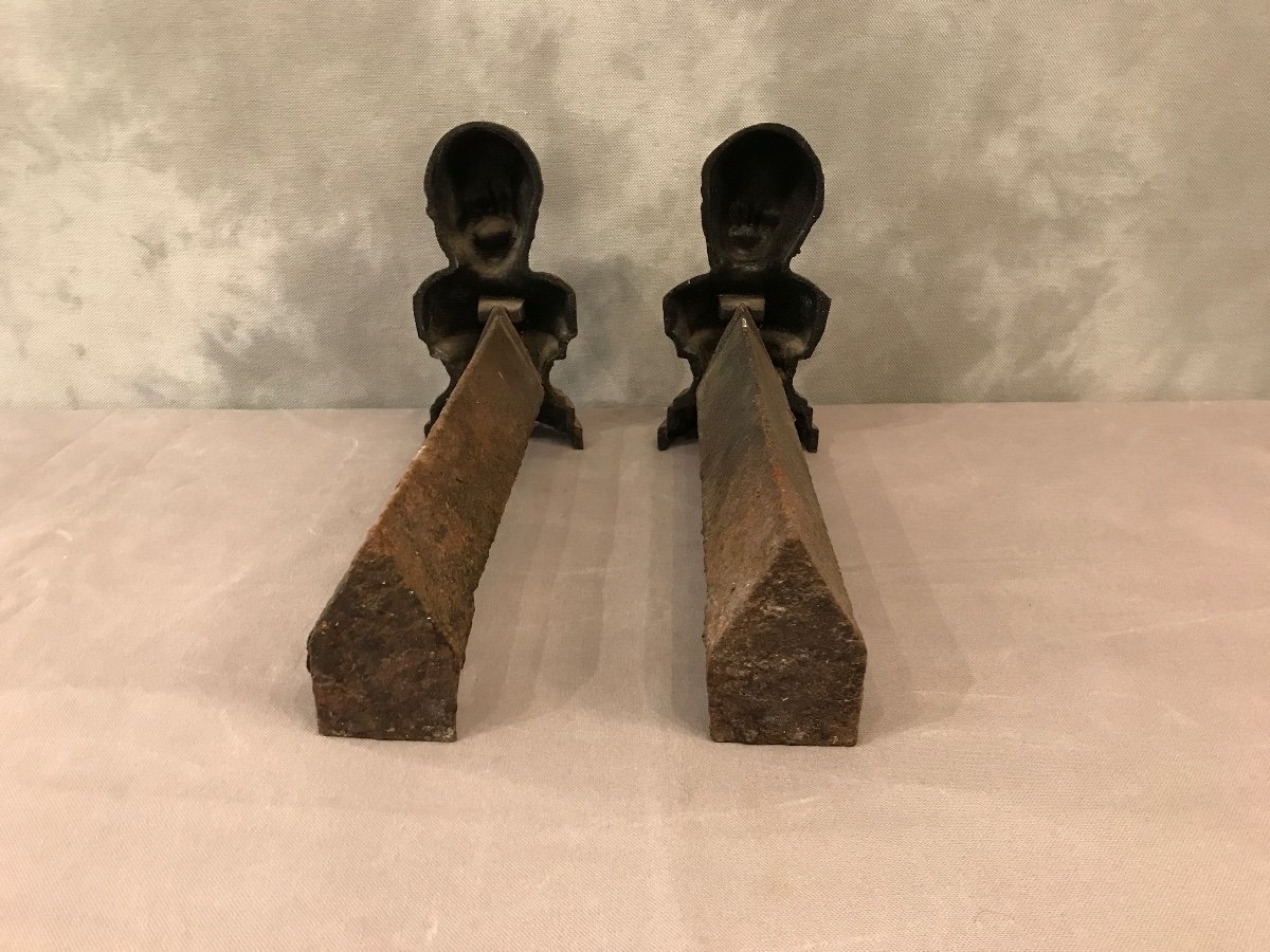 Pair Of Old Andirons In Cast Iron From The 19th Century-photo-3