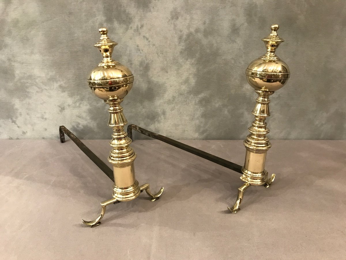 Pair Of Andirons In Brass From The 1900s English-photo-1