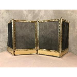 Antique Fireplace Screen In Polished Brass And Varnish From The 19th Century