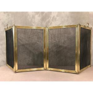 Antique Fireplace Screen In Polished Brass And Varnish From The 19th Century