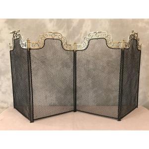 Antique Fireplace Screen In Blackened Iron And Upper Parts In Polished Bronze From The 19th Century