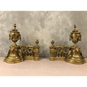 Louis XVI Style Bronze Fireplace Decor Andirons From The 19th Century