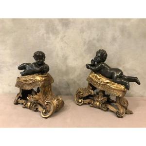 Beaux Chenets En Bronze Dorés Et Bronze Patinés D’époque 19ème 