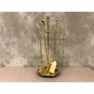 Antique Fireplace Servant In Polished And Varnished Brass From The 19th Century