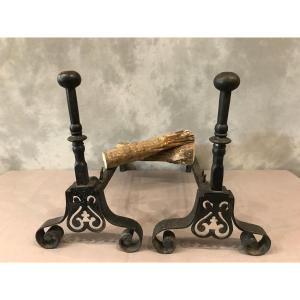 Pair Of Old Black Iron Andirons From The Late 18th Century