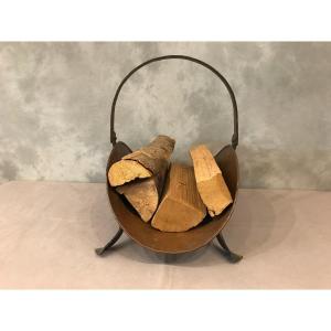 Old Log Basket In Matte Copper And Wrought Iron 20th Century 