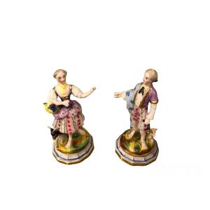 2 Sujets Miniatures En Porcelaine «  Berger Et Bergère «  Fin 19 ème 