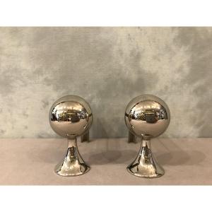 Pair Of Modernist Andirons From The 1970s Chrome Plated. 