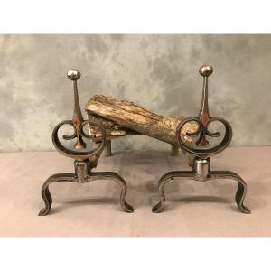 Pair Of Cast Iron Andirons From The 20th Century 