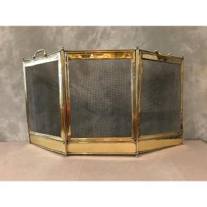 Antique Fireplace Screen In Polished And Varnished Brass From The 19th Century 