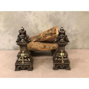 Pair Of Antique Cast Iron Andirons From The 19th Century 