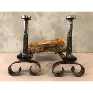 Pair Of Antique Wrought Iron Andirons From The 18th Century 