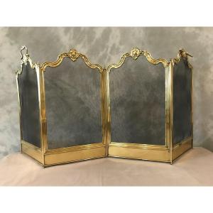 Antique 19th Century Polished Brass Fireplace Screen With Scrolls. 