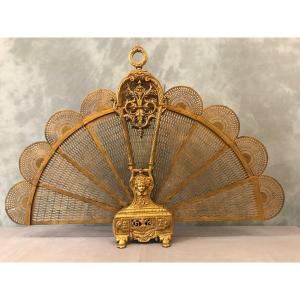 19th Century Gilded Painted Bronze Fan Fireplace Screen 