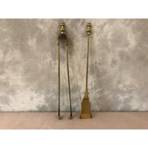 19th Century Louis Philippe Brass Shovel And Tongs Set 