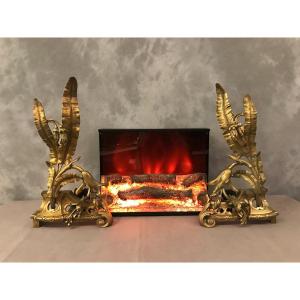 19th Century Bronze Fireplace Front Decor Andirons 