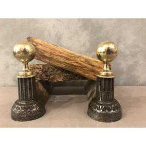 Pair Of 19th Century Cast Iron And Brass Andirons 