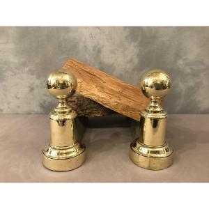 Pair Of Small Antique Andirons In Brass And Cast Iron From The 19th Century 