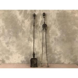 19th Century Twisted Iron Shovel And Tongs Set 