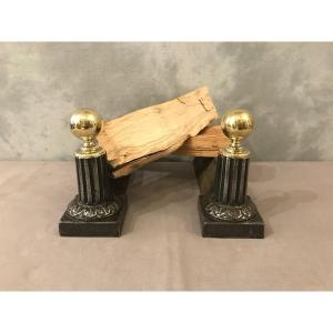 Pair Of 19th Century Cast Iron And Brass Andirons, Ball Model. 