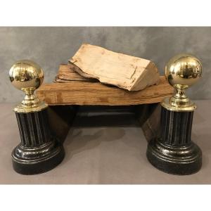 Pair Of 19th Century Cast Iron Andirons With Brass Balls 