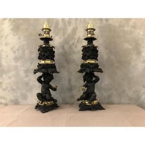 Beautiful Pair Of 19th Century Napoleon III Period Spelter Oil Lamps