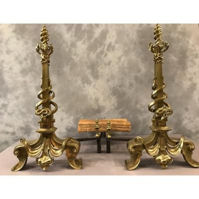 Pair Of Andirons In Bronze Art Nouveau Guimard