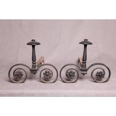 Pair Of Andirons In Iron And 19th Time