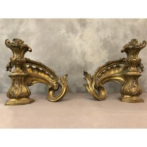 Pair Of Andirons Bronze Louis XV 19th