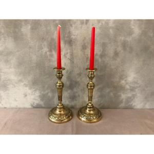 Pair Of Candlesticks Polished Brass And Varnish 19th