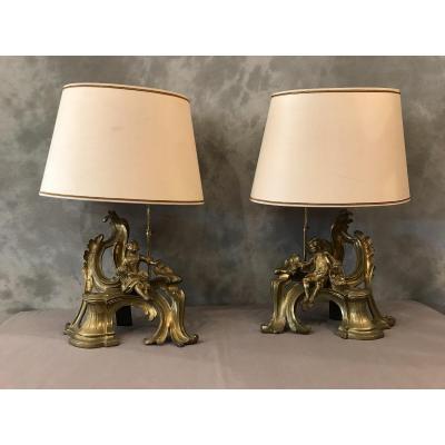 Pair Of Andirons Mounted Lamp 19th Time