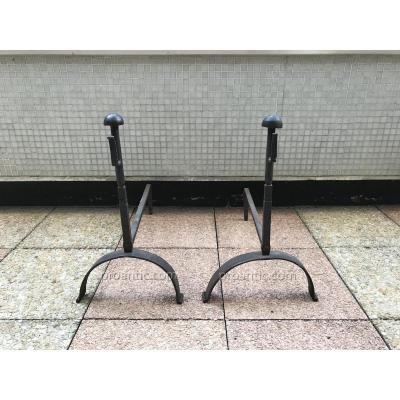 Pair Of Andirons Iron Rustic 19th Time