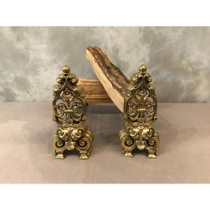 Pair Andirons In Polished Bronze Period 19th