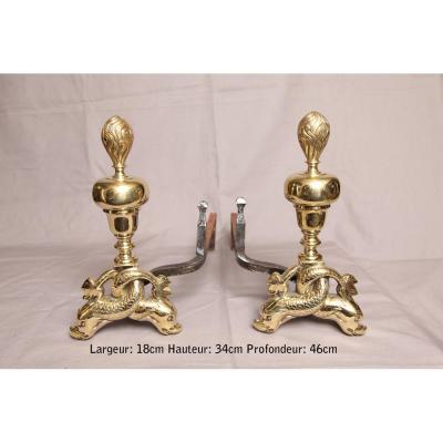 Pair Of Brass Andirons Period 19th