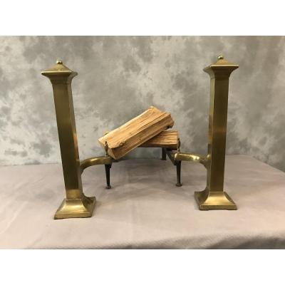 Pair Of Art Deco Andirons In Brass And Iron