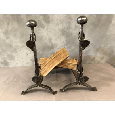 Pair Of Rustic Wrought Iron Andirons From The 18th Century