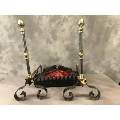 Pair Of Andirons In Iron And Brass 19th From The Bordeaux Region