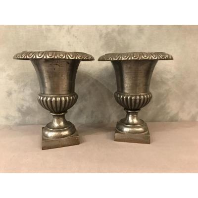 Pair Of 19th Century Cast Iron Medici Vases