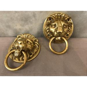 Décor De Têtes De Lions En Bronze Poli Et Vernis d'époque 20 ème.