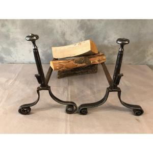 Pair Of Old Andirons In Wrought Iron From The 18th Century