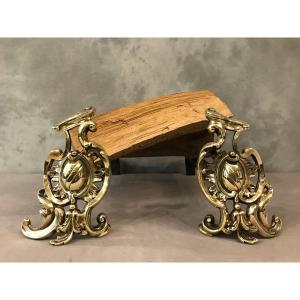 Small Antique Andirons In Bronze From The 19th Century Louis XV Style