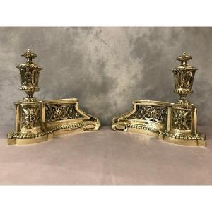 Pair Of Antique Andirons In Bronze From The 19th Century Louis XVI Style