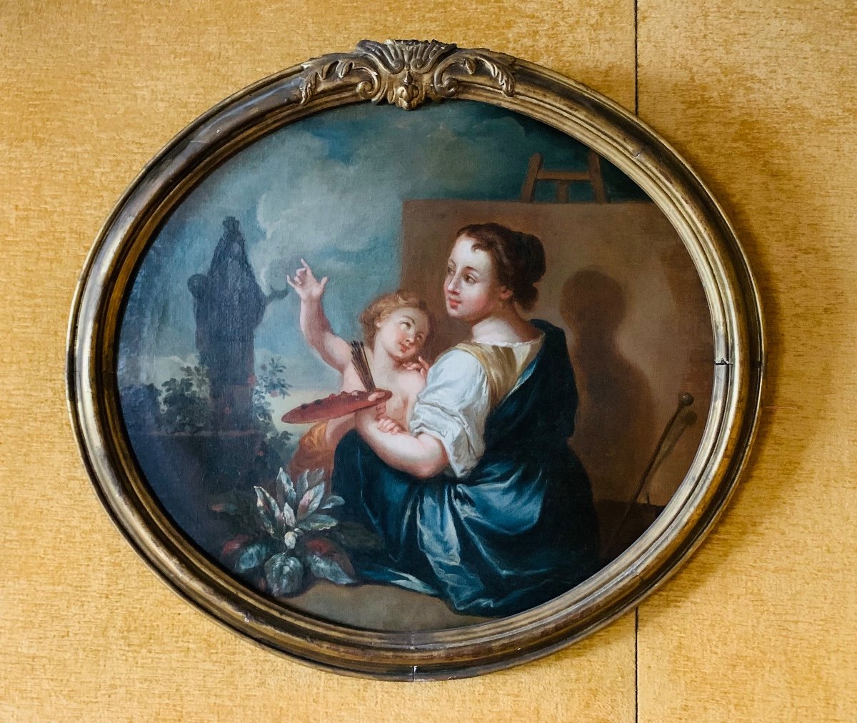 Peinture 18 Eme D’une Jeune Femme Et L’enfant. 