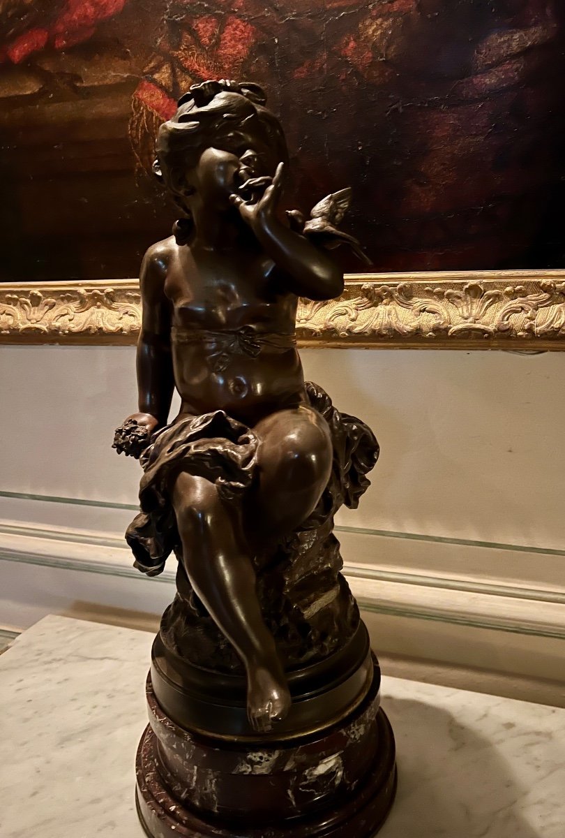 Bronze Young Girl With Bird After Auguste Moreau -photo-3