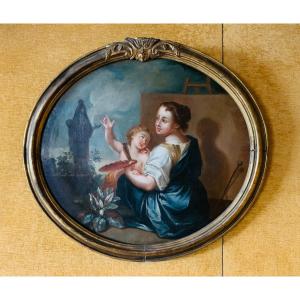 18th Century Painting Of A Young Woman And Child.